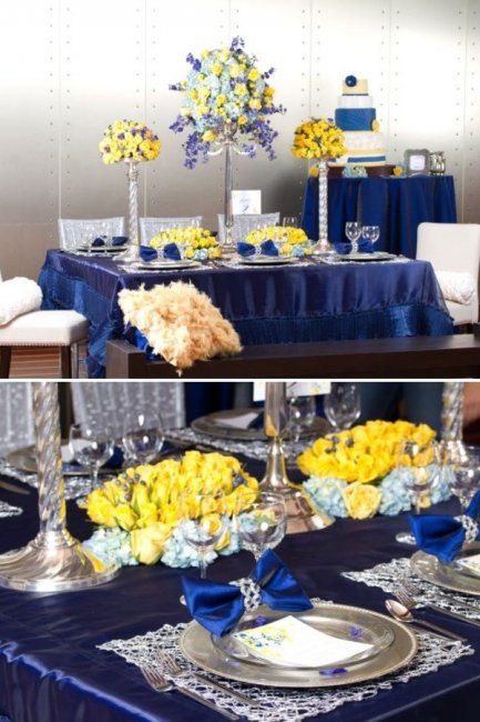 Сервировка стола в сине-желтом цвете