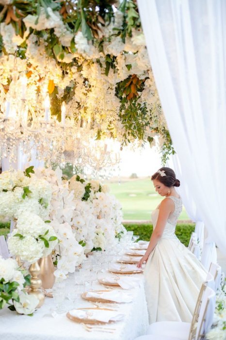 Украшение потолка свадебного зала цветочными композициями