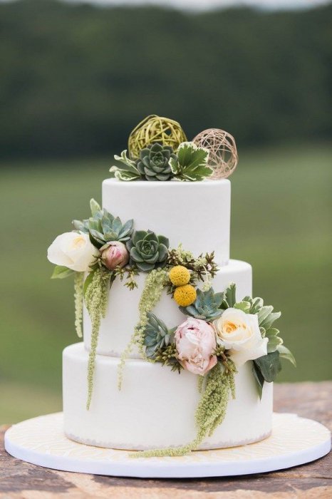 Суккуленты в сочетании с другими цветами в декоре торта на свадьбу
