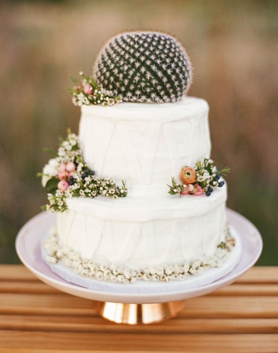 Оригинальный свадебный торт, украшенный кактусом
