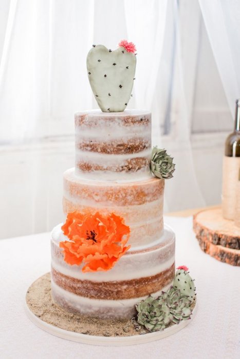 Свадебный торт с открытыми коржами, украшенный кактусом