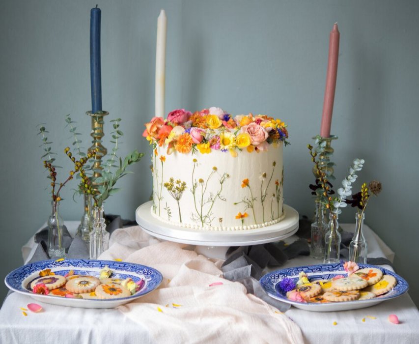 Одноярусный торт с засушенными цветами