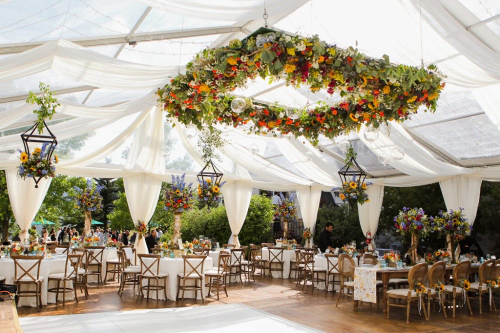 Подвесные цветы в декоре свадебного зала