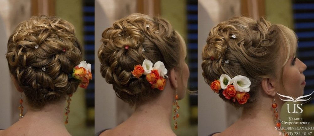 Свадебная прическа с цветами и косой, яркий свадебный макияж